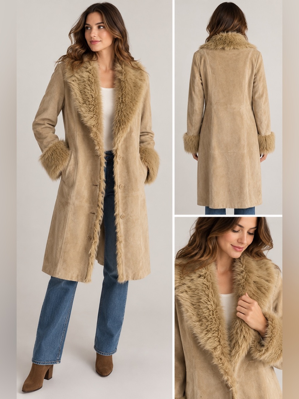 Suede Faux-Fur Trim Long Coat - Beige